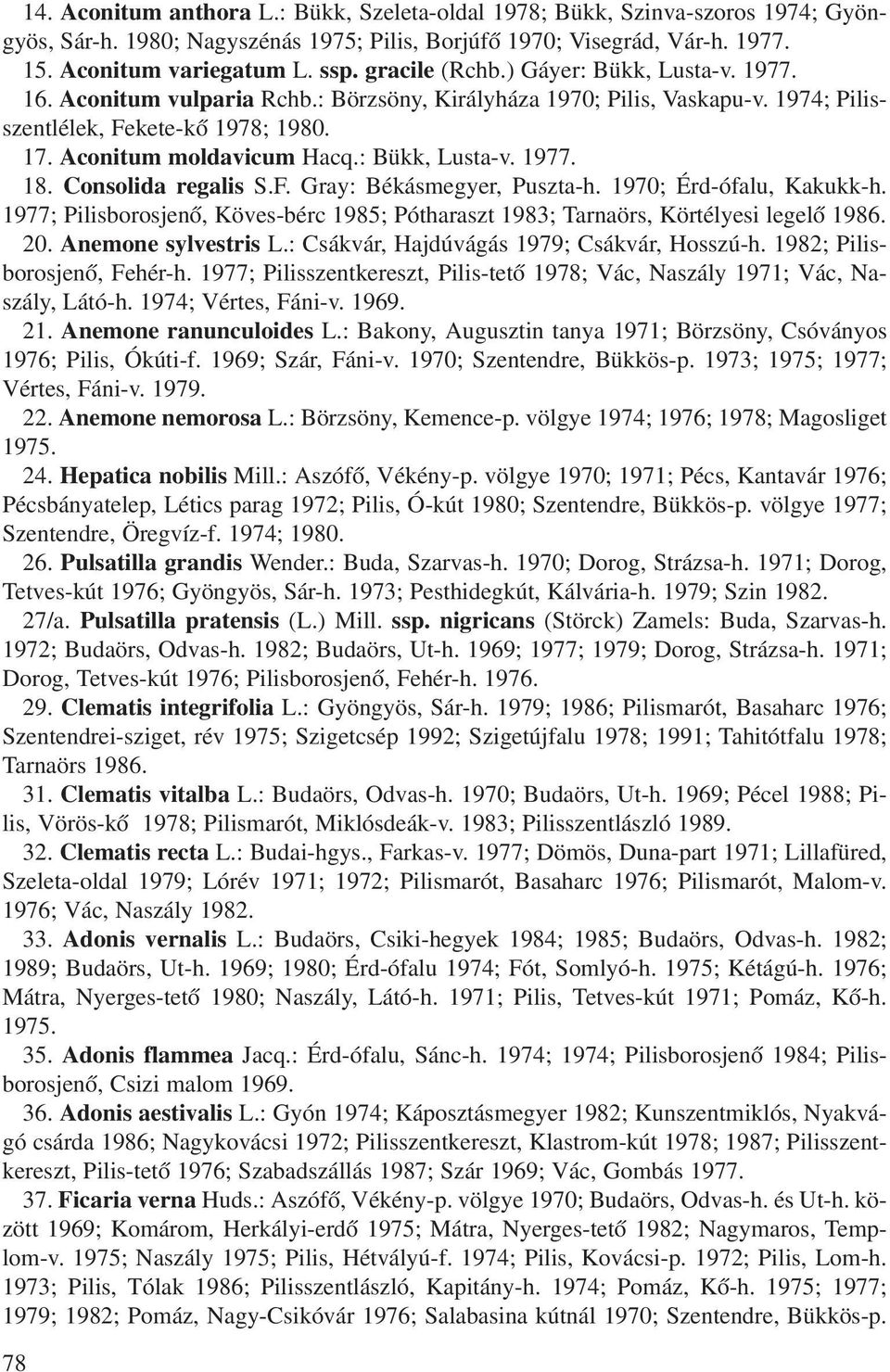 : Bükk, Lusta-v. 1977. 18. Consolida regalis S.F. Gray: Békásmegyer, Puszta-h. 1970; Érd-ófalu, Kakukk-h. 1977; Pilisborosjenõ, Köves-bérc 1985; Pótharaszt 1983; Tarnaörs, Körtélyesi legelõ 1986. 20.