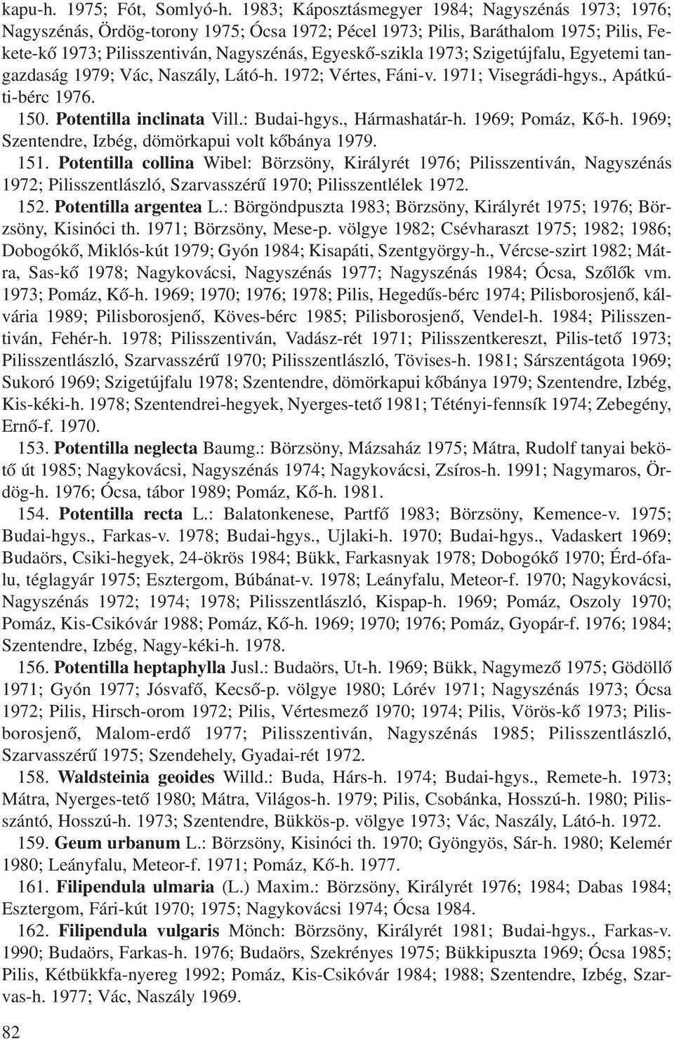 1973; Szigetújfalu, Egyetemi tangazdaság 1979; Vác, Naszály, Látó-h. 1972; Vértes, Fáni-v. 1971; Visegrádi-hgys., Apátkúti-bérc 1976. 150. Potentilla inclinata Vill.: Budai-hgys., Hármashatár-h.