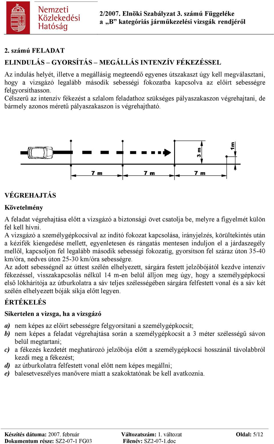 Célszerű az intenzív fékezést a szlalom feladathoz szükséges pályaszakaszon végrehajtani, de bármely azonos méretű pályaszakaszon is végrehajtható.