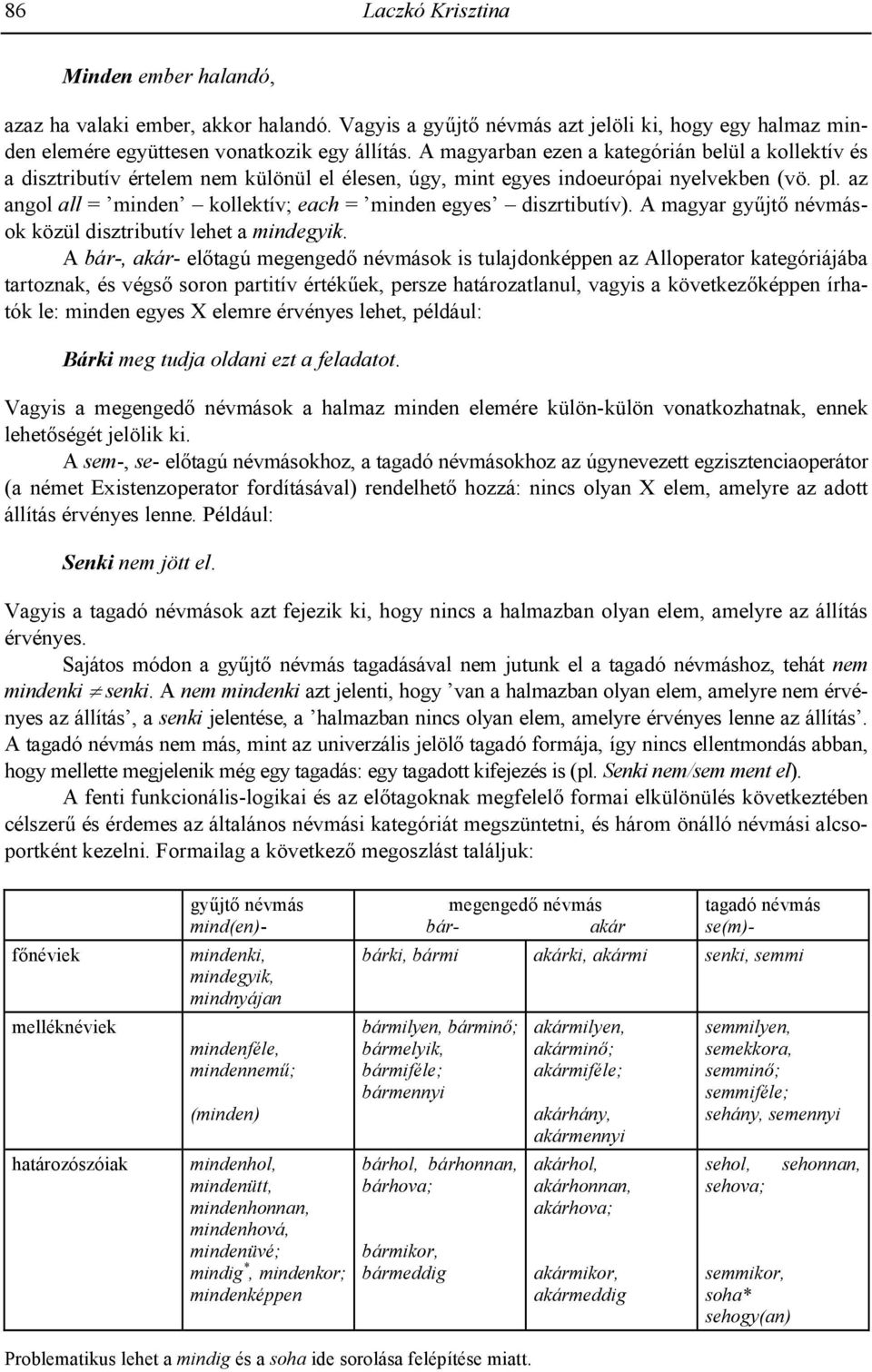 az angol all = minden kollektív; each = minden egyes diszrtibutív). A magyar gyjt névmások közül disztributív lehet a mindegyik.
