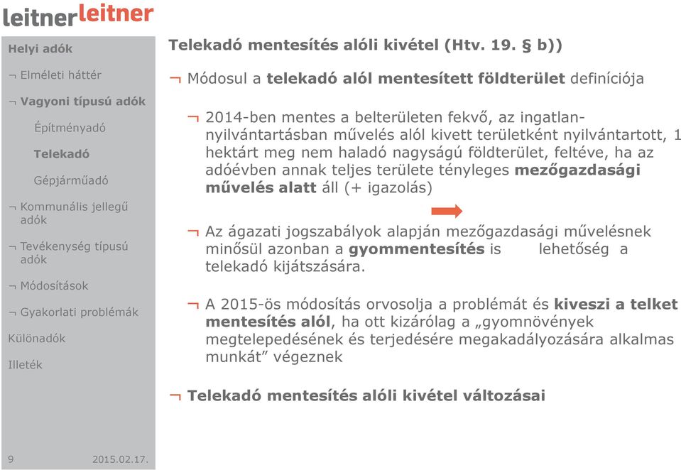haladó nagyságú földterület, feltéve, ha az adóévben annak teljes területe tényleges mezőgazdasági művelés alatt áll (+ igazolás) Az ágazati jogszabályok alapján mezőgazdasági művelésnek minősül