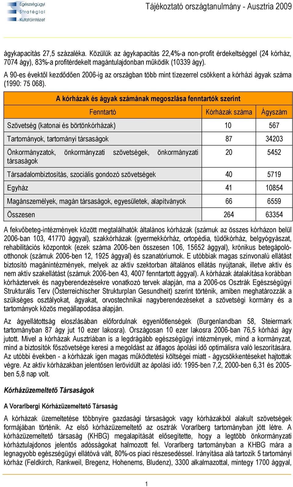 A kórházak és ágyak számának megoszlása fenntartók szerint Fenntartó Kórházak száma Ágyszám Szövetség (katonai és börtönkórházak) 10 567 Tartományok, tartományi társaságok 87 34203 Önkormányzatok,