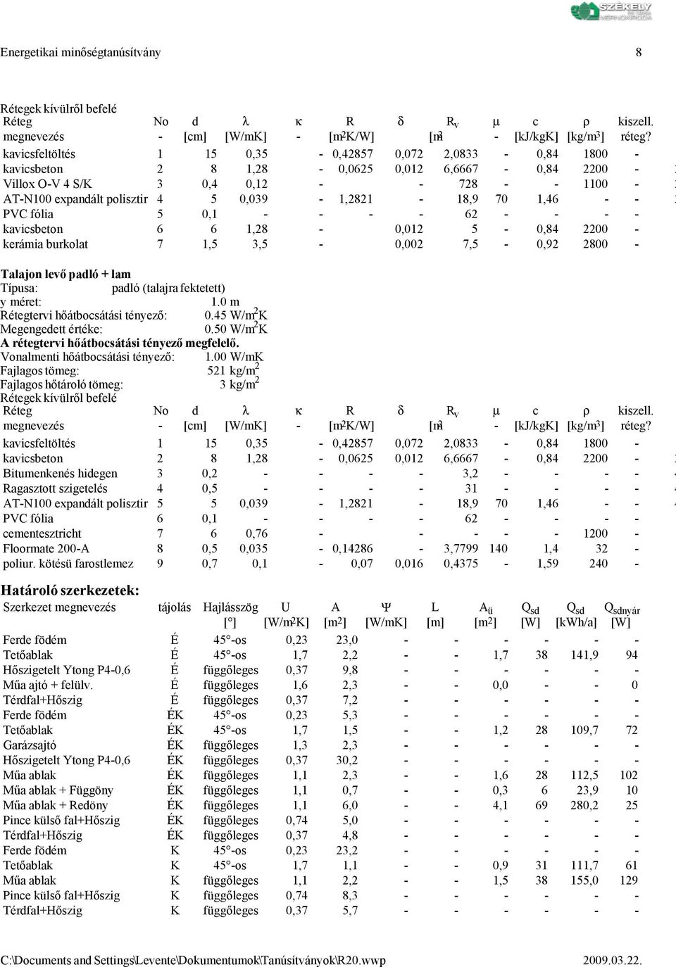 padló + lam padló (talajra fektetett) 1.0 m tervi hőátbocsátási tényező: 0.45 W/m 2 K 0.50 W/m 2 K A rétegtervi hőátbocsátási tényező megfelelő. Vonalmenti hőátbocsátási tényező: 1.