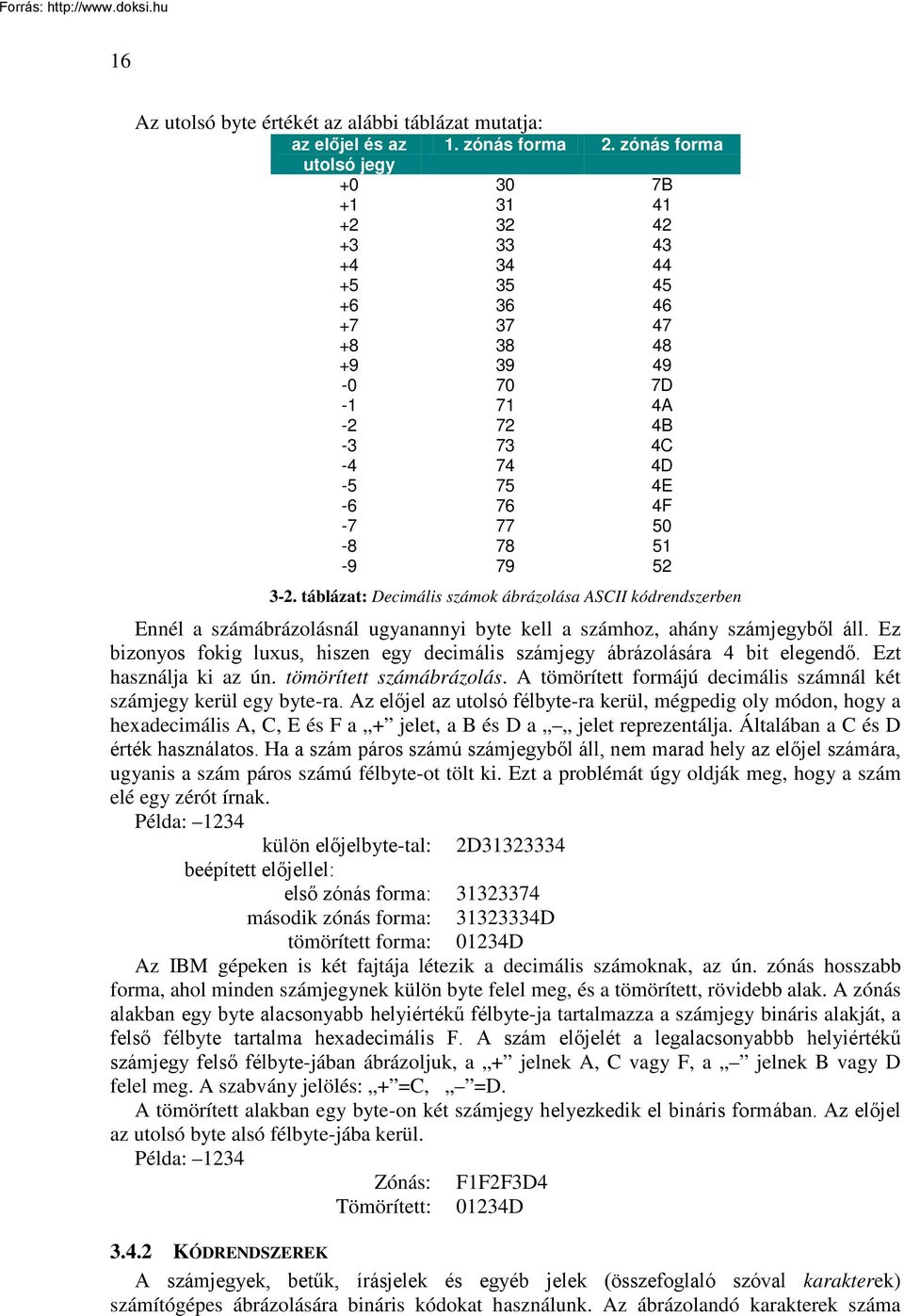 52 3-2. táblázat: Decimális számok ábrázolása ASCII kódrendszerben Ennél a számábrázolásnál ugyanannyi byte kell a számhoz, ahány számjegyből áll.