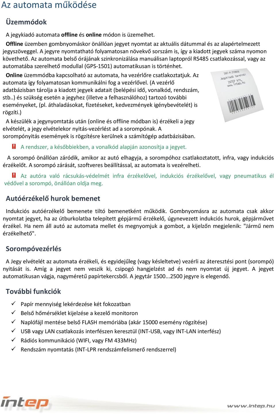 INT-PBT JEGYKIADÓ AUTOMATA. Műszaki leírás és felhasználói útmutató INT-PBT  PDF Ingyenes letöltés