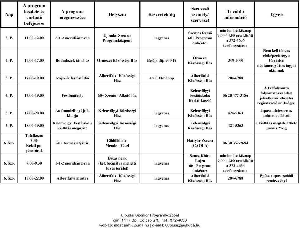 00 Festőműhely 60+ Szenior Alkotóház Festőiskola: Barlai László 06 20 477-3186 A tanfolyamra folyamatosan lehet jelentkezni, előzetes regisztráció szükséges. 5. P. 18.00-20.