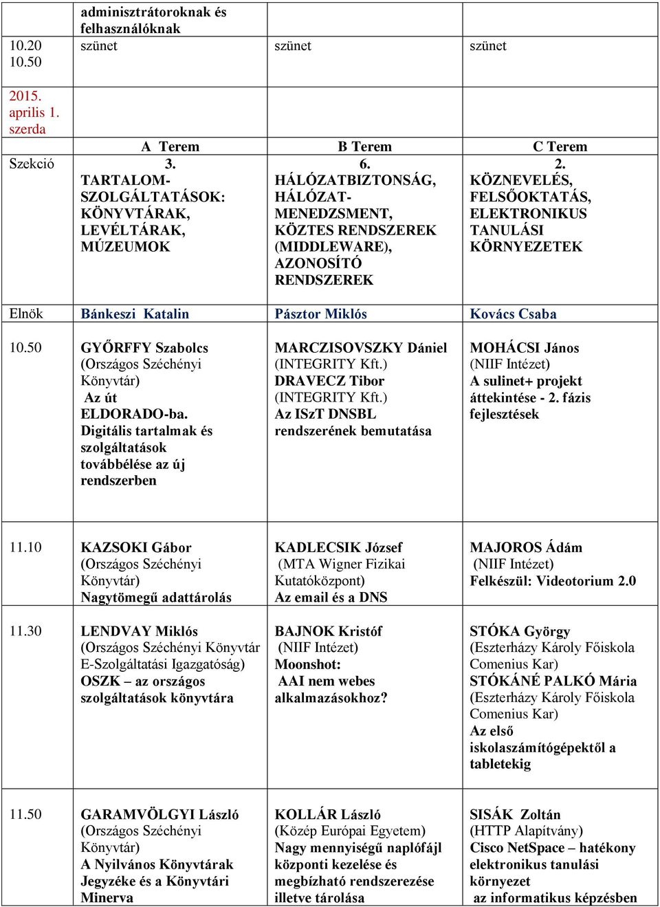 HÁLÓZATBIZTONSÁG, KÖZNEVELÉS, HÁLÓZAT- FELSŐOKTATÁS, MENEDZSMENT, ELEKTRONIKUS KÖZTES RENDSZEREK TANULÁSI (MIDDLEWARE), KÖRNYEZETEK AZONOSÍTÓ RENDSZEREK Elnök Bánkeszi Katalin Pásztor Miklós Kovács