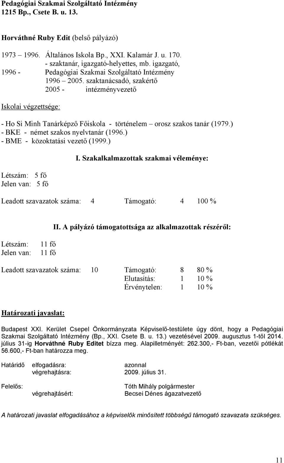 ) - BKE - német szakos nyelvtanár (1996.) - BME - közoktatási vezető (1999.) 5 fő 5 fő I. Szakalkalmazottak szakmai véleménye: Leadott szavazatok száma: 4 Támogató: 4 100 % II.