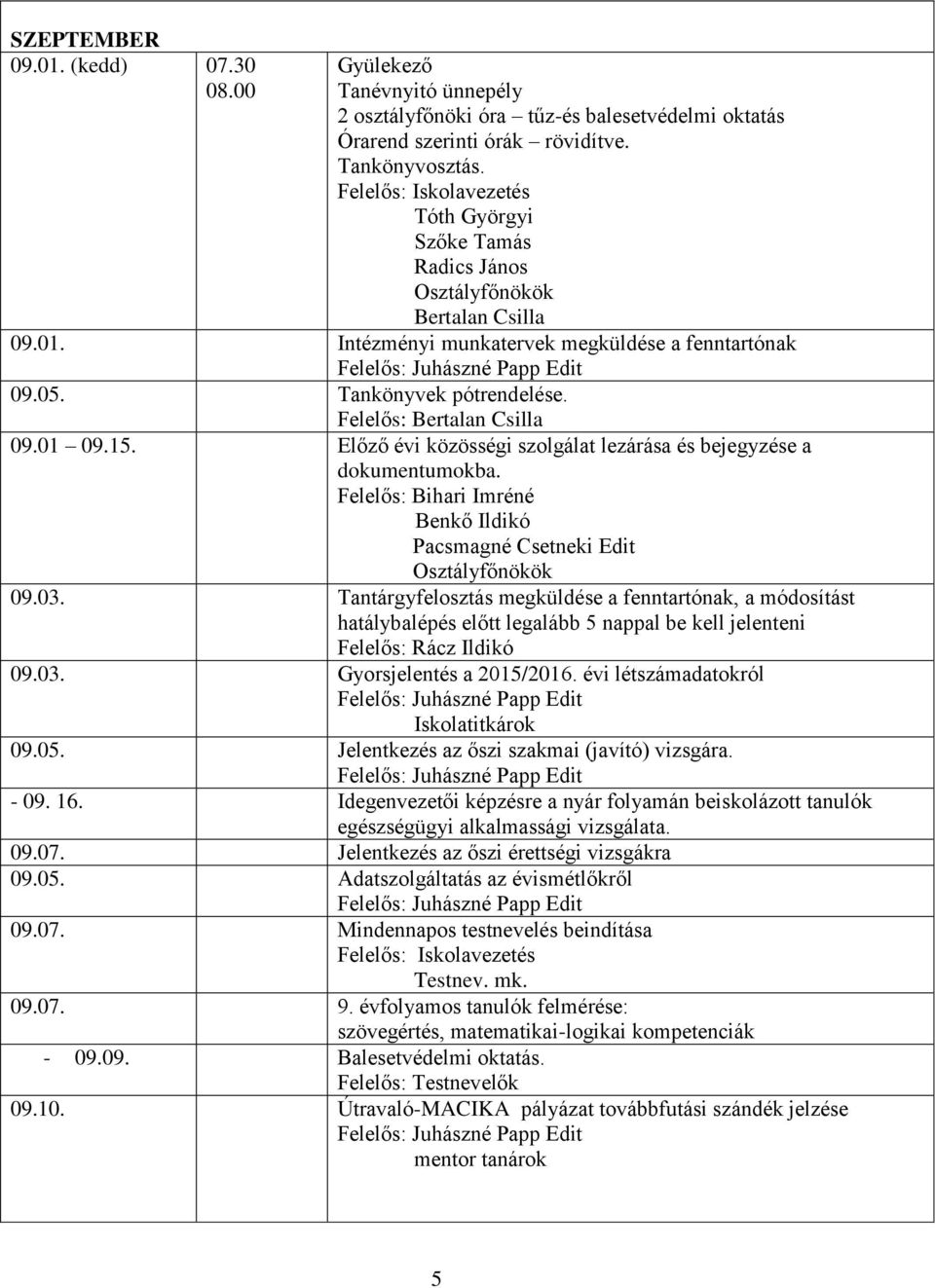 Előző évi közösségi szolgálat lezárása és bejegyzése a dokumentumokba. Felelős: Bihari Imréné Benkő Ildikó Pacsmagné Csetneki Edit 09.03.