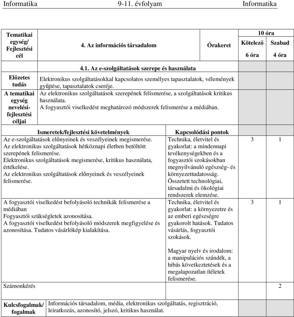 Ismeretek/fejlesztési követelmények Az e-szolgáltatások előnyeinek és veszélyeinek megismerése. Az elektronikus szolgáltatások hétköznapi életben betöltött szerepének felismerése.