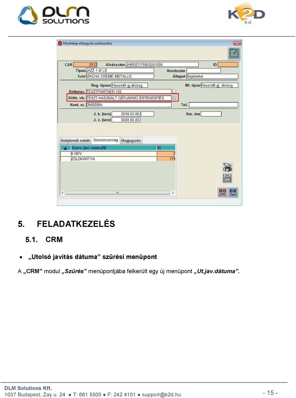 menüpont A CRM modul Szűrés