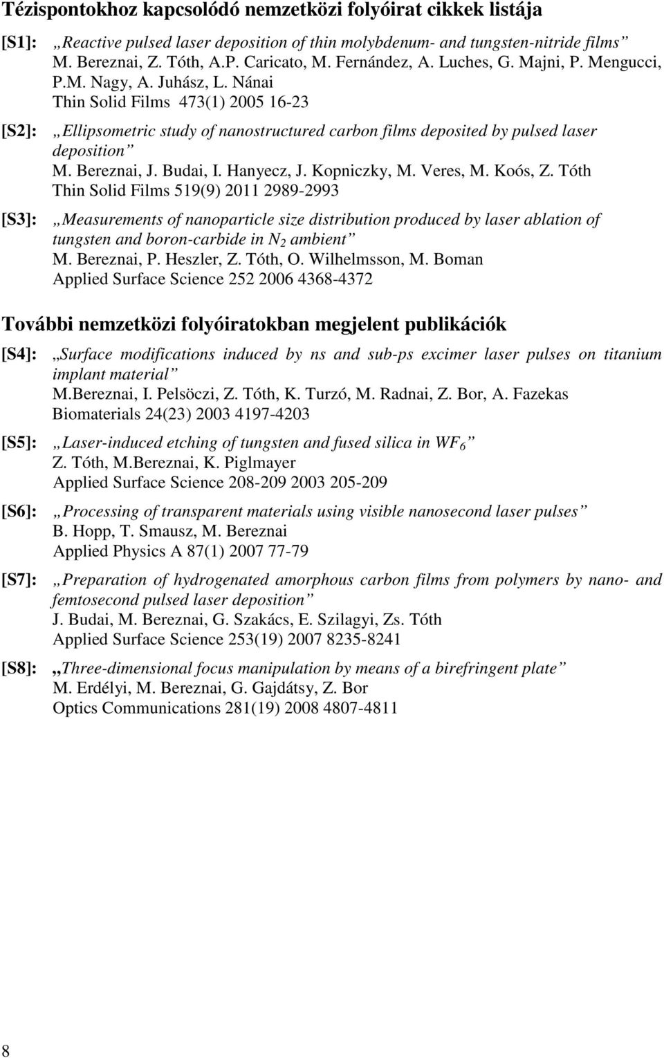 Nánai Thin Solid Films 473(1) 2005 16-23 [S2]: Ellipsometric study of nanostructured carbon films deposited by pulsed laser deposition M. Bereznai, J. Budai, I. Hanyecz, J. Kopniczky, M. Veres, M.