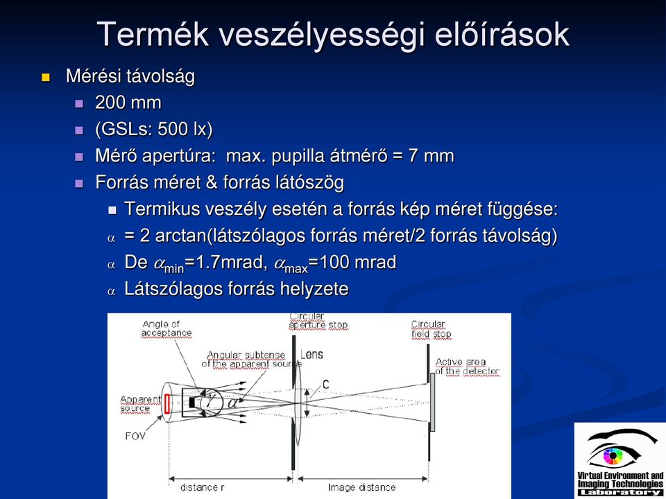 pupilla átmérő = 7 mm Forrás méret & forrás látószög Termikus veszély esetén a