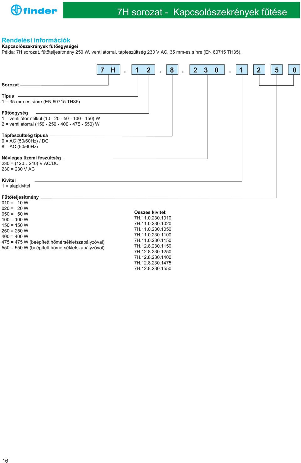 1 2 5 0 Sorozat Típus 1 = 35 mm-es sínre (EN 60715 TH35) Fûtôegység 1 = ventilátor nélkül (10-20 - 50-100 - 150) W 2 = ventilátorral (150-250 - 400-475 - 550) W Tápfeszültség típusa 0 = AC (50/60Hz)