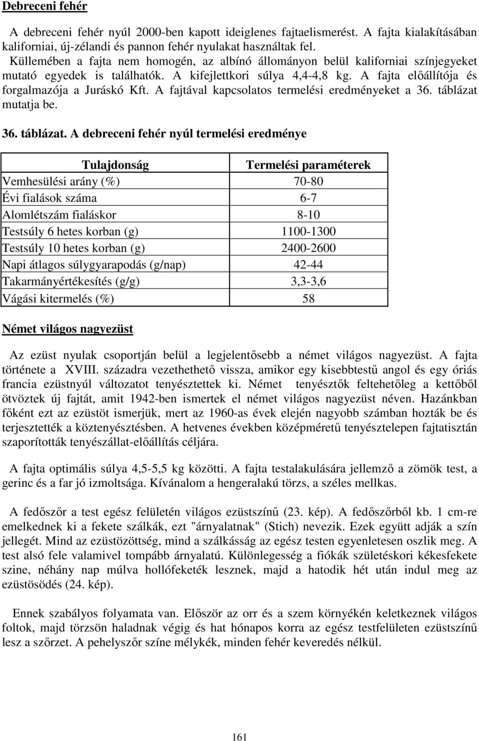 A fajtával kapcsolatos termelési eredményeket a 36. táblázat 