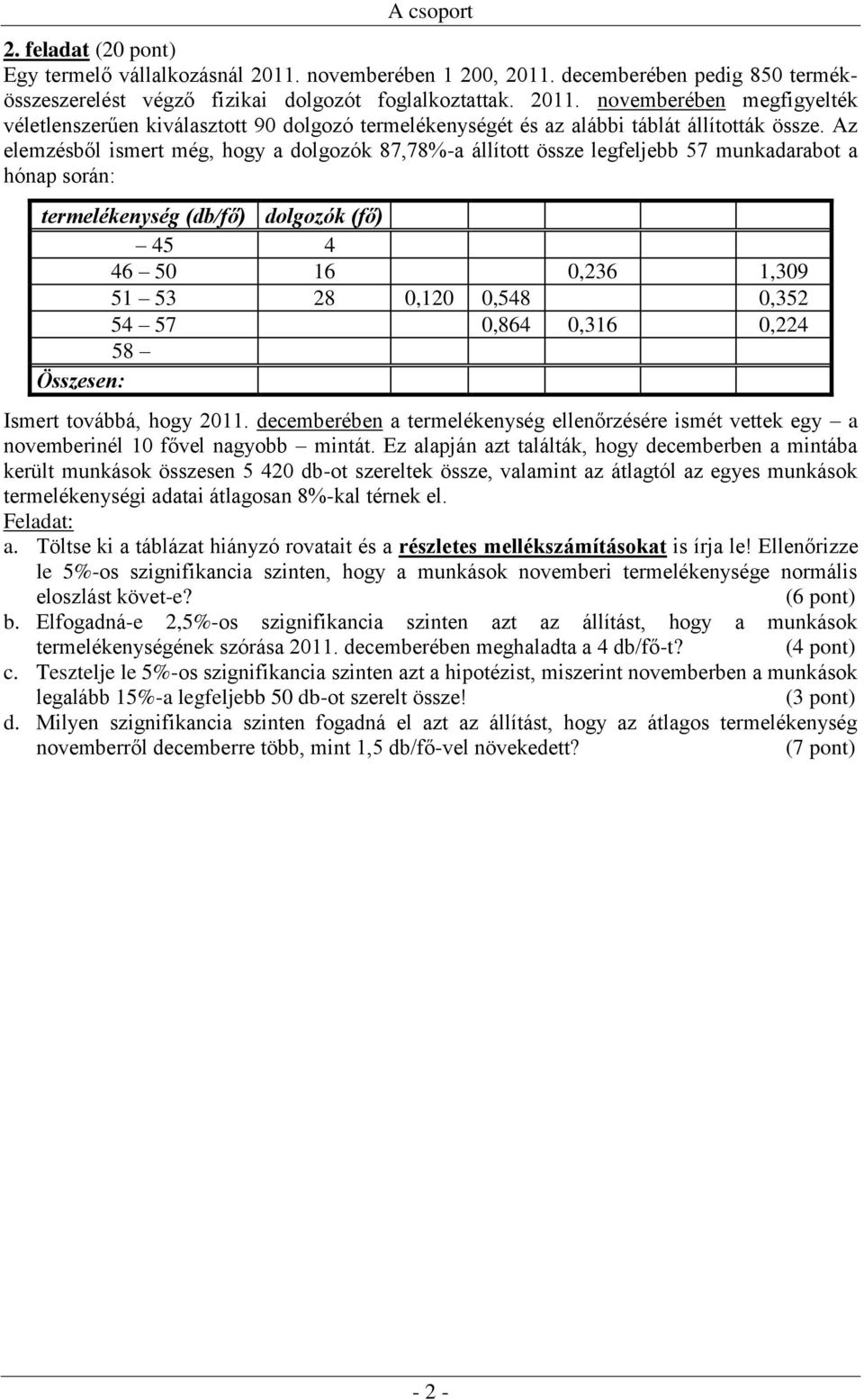 54 57 0,864 0,316 0,224 58 Összesen: Ismert továbbá, hogy 2011. decemberében a termelékenység ellenőrzésére ismét vettek egy a novemberinél 10 fővel nagyobb mintát.