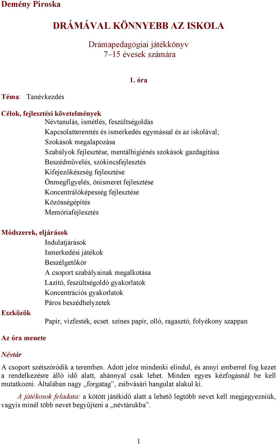 szokások gazdagítása Beszédművelés, szókincsfejlesztés Kifejezőkészség fejlesztése Önmegfigyelés, önismeret fejlesztése Koncentrálóképesség fejlesztése Közösségépítés Memóriafejlesztés Módszerek,