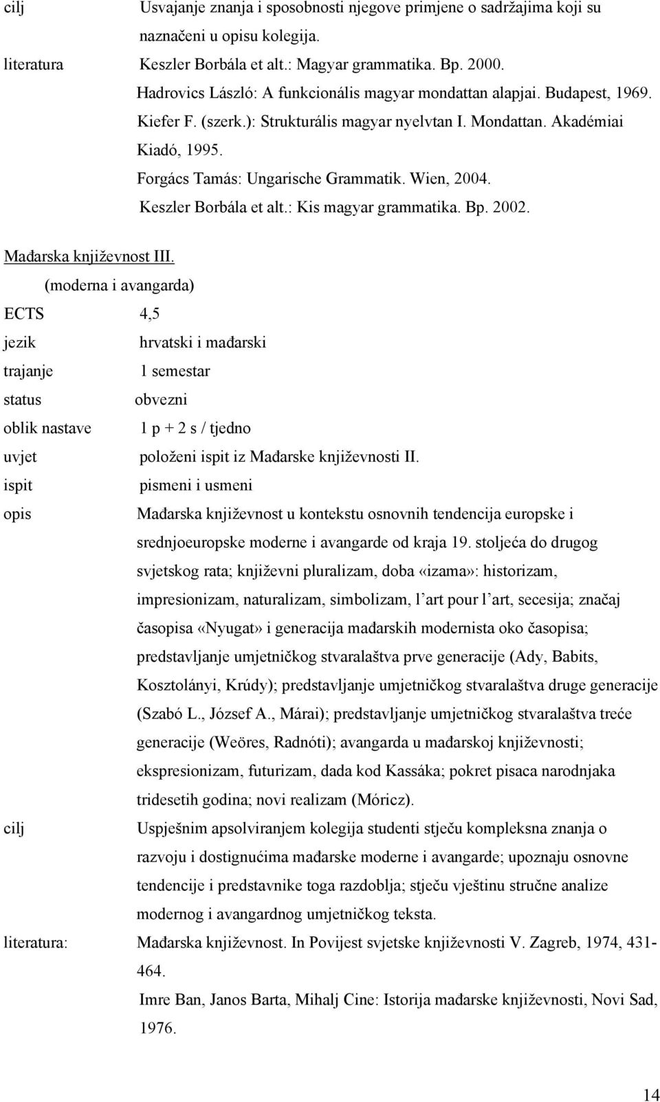Wien, 2004. Keszler Borbála et alt.: Kis magyar grammatika. Bp. 2002. Mađarska književnost III. (moderna i avangarda) ECTS 4,5 oblik nastave 1 p + 2 s / tjedno položeni iz Mađarske književnosti II.