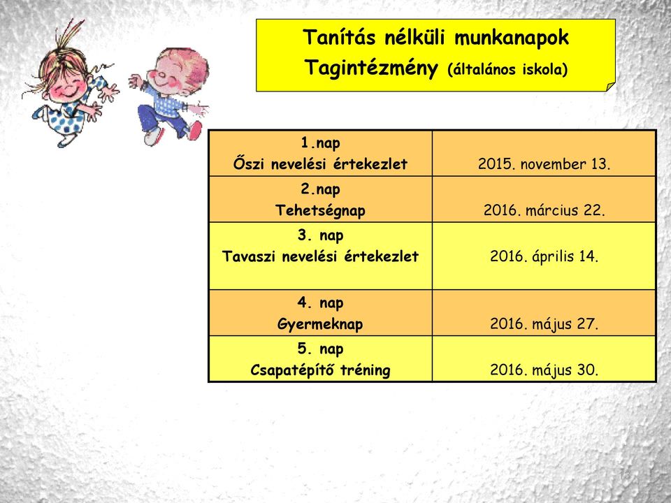 március 22. 3. nap Tavaszi nevelési értekezlet 2016. április 14. 4.