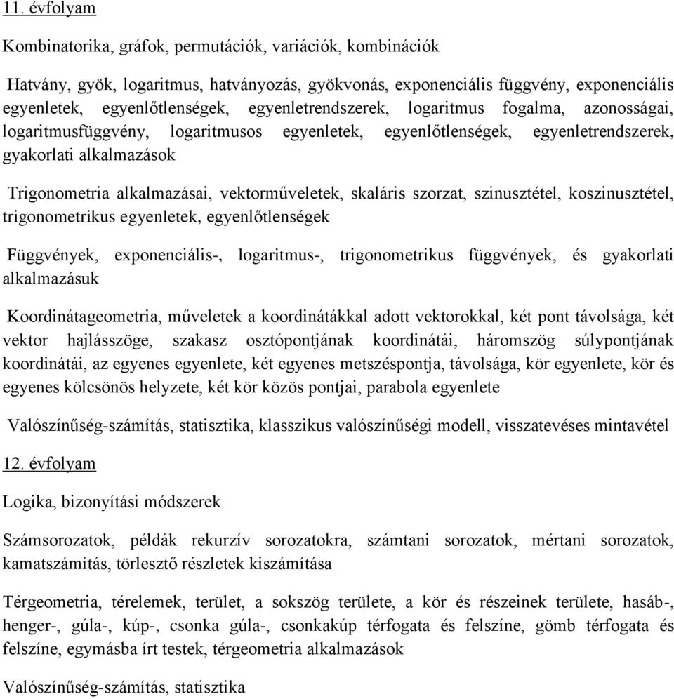 vektorműveletek, skaláris szorzat, szinusztétel, koszinusztétel, trigonometrikus egyenletek, egyenlőtlenségek Függvények, exponenciális-, logaritmus-, trigonometrikus függvények, és gyakorlati