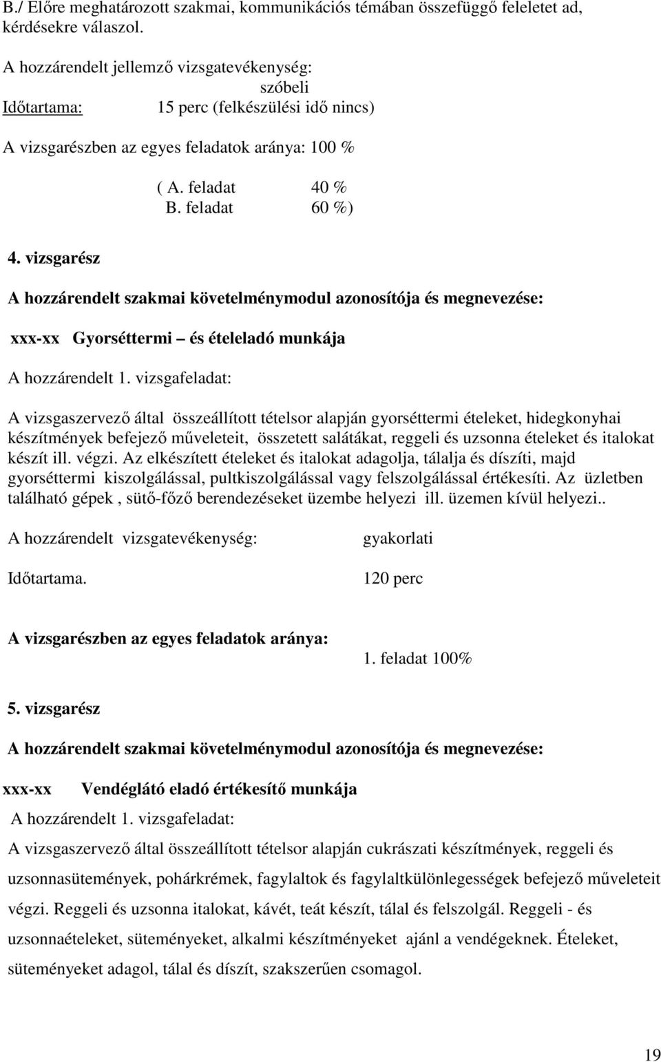 vizsgarész A hozzárendelt szakmai követelménymodul azonosítója és megnevezése: xxx-xx Gyorséttermi és ételeladó munkája A hozzárendelt 1.