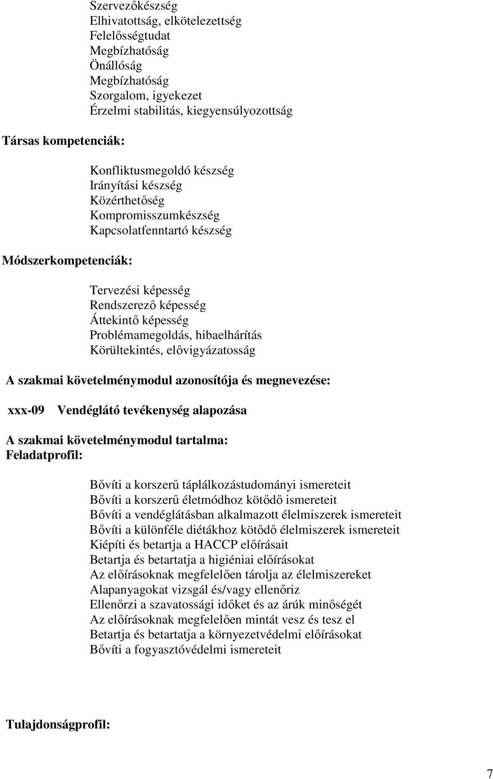 Problémamegoldás, hibaelhárítás Körültekintés, elıvigyázatosság A szakmai követelménymodul azonosítója és megnevezése: xxx-09 Vendéglátó tevékenység alapozása A szakmai követelménymodul tartalma: