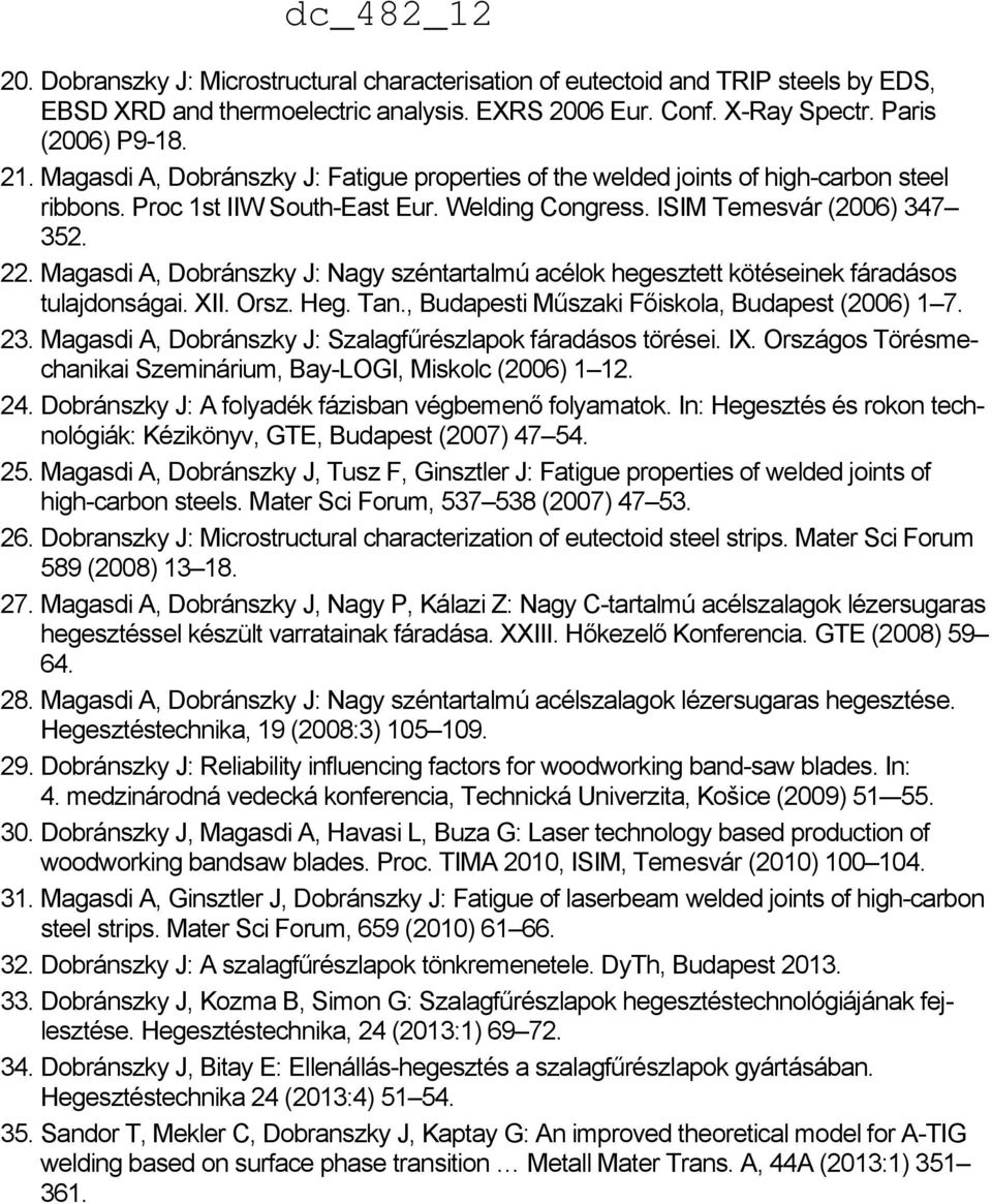 Magasdi A, Dobránszky J: Nagy széntartalmú acélok hegesztett kötéseinek fáradásos tulajdonságai. XII. Orsz. Heg. Tan., Budapesti Műszaki Főiskola, Budapest (2006) 1 7. 23.