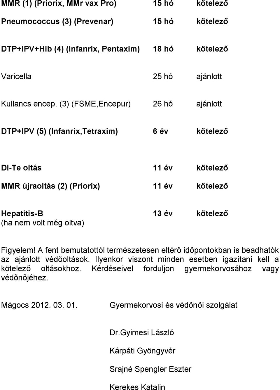 volt még oltva) Figyelem! A fent bemutatottól természetesen eltérő időpontokban is beadhatók az ajánlott védőoltások.