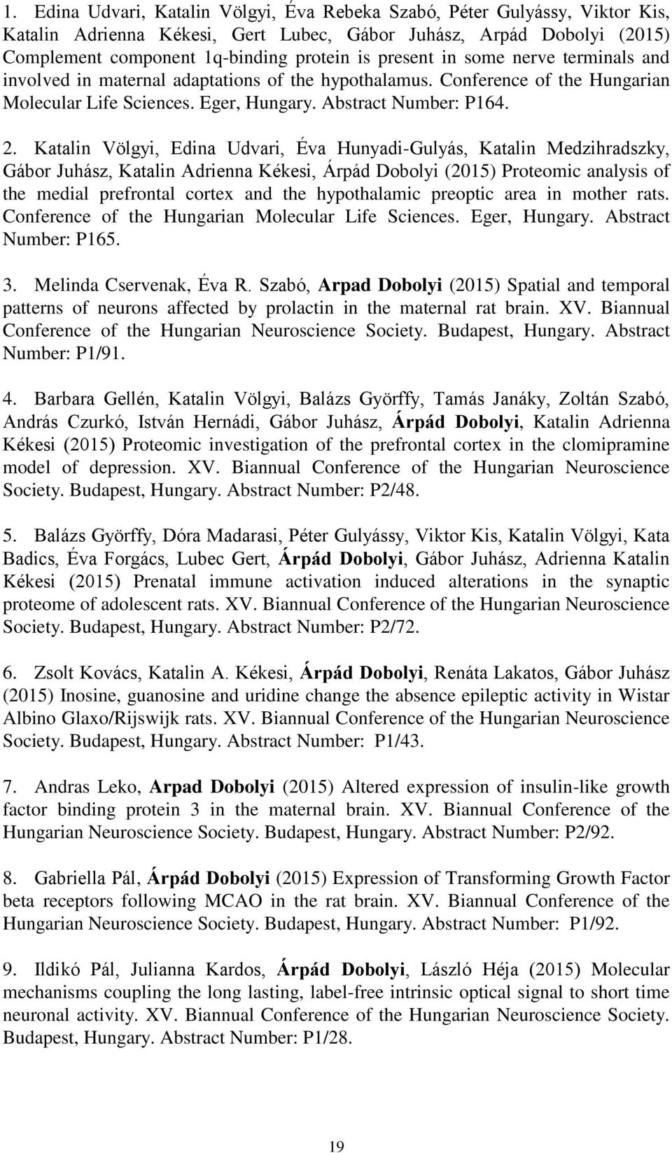 Katalin Völgyi, Edina Udvari, Éva Hunyadi-Gulyás, Katalin Medzihradszky, Gábor Juhász, Katalin Adrienna Kékesi, Árpád Dobolyi (2015) Proteomic analysis of the medial prefrontal cortex and the