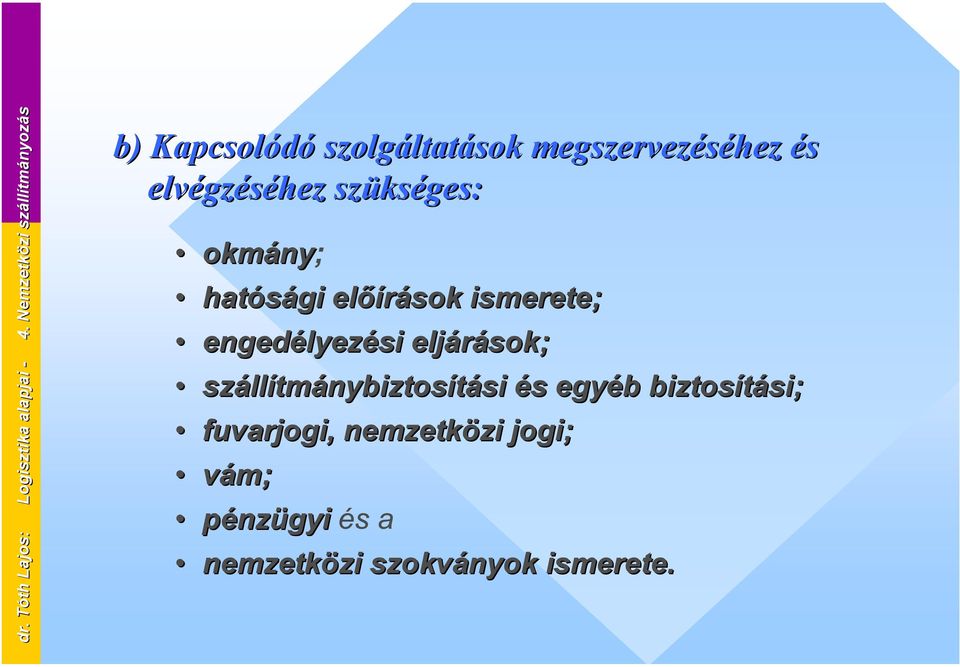 és elvégzéséhez szükséges: okmány; hatósági előírások ismerete; engedélyezési