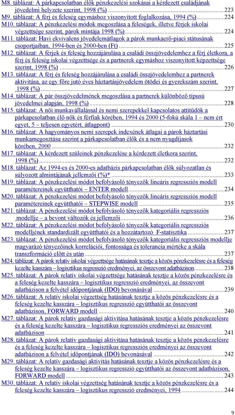 táblázat: A pénzkezelési módok megoszlása a feleségek, illetve férjek iskolai végzettsége szerint, párok mintája 1998 (%)...224 M11.