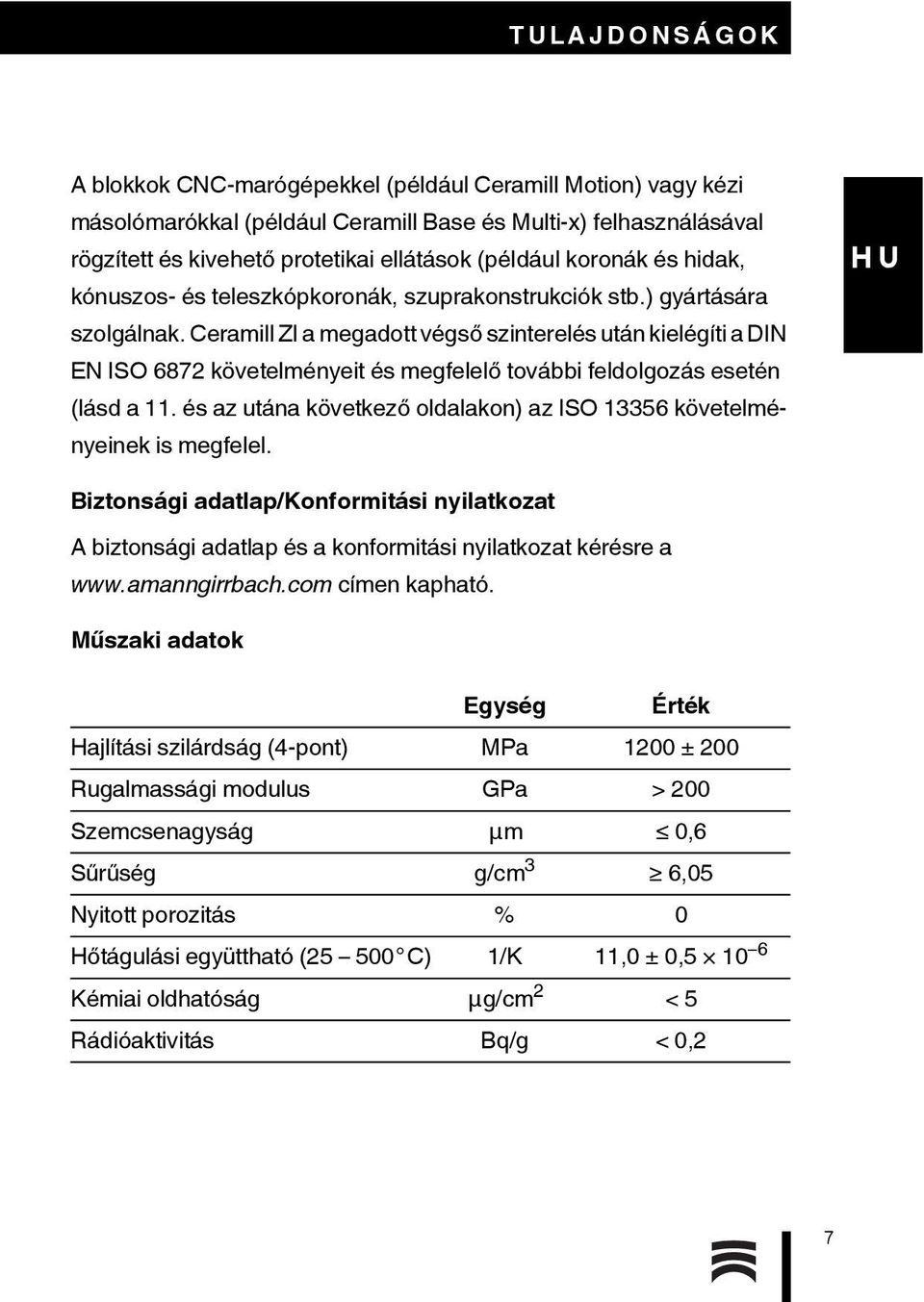 Ceramill ZI a megadott végső szinterelés után kielégíti a DIN EN ISO 6872 követelményeit és megfelelő további feldolgozás esetén (lásd a 11.