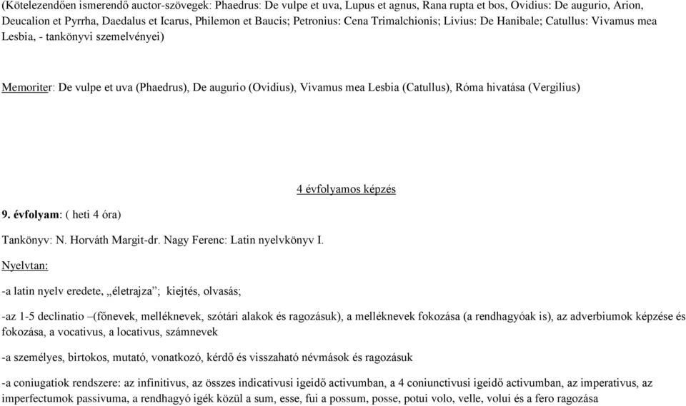 Róma hivatása (Vergilius) 9. évfolyam: ( heti 4 óra) Tankönyv: N. Horváth Margit-dr. Nagy Ferenc: Latin nyelvkönyv I.