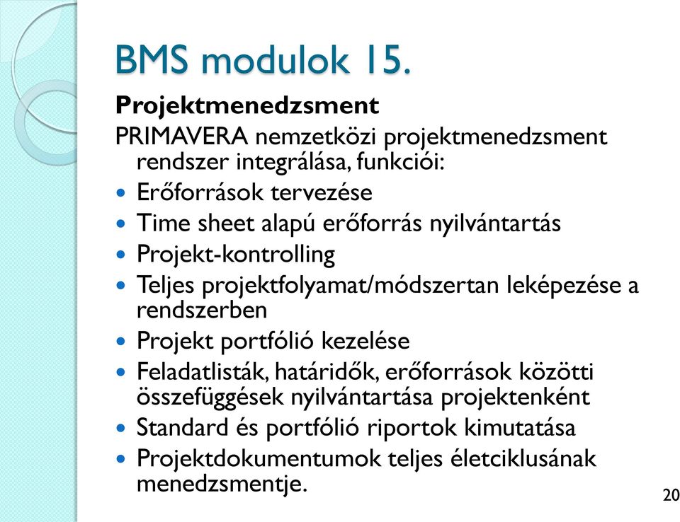 Time sheet alapú erőforrás nyilvántartás Projekt-kontrolling Teljes projektfolyamat/módszertan leképezése a