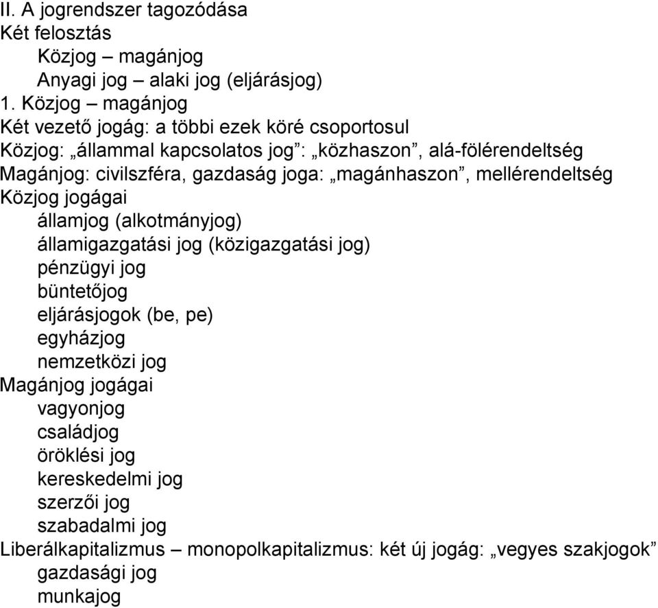 gazdaság joga: magánhaszon, mellérendeltség Közjog jogágai államjog (alkotmányjog) államigazgatási jog (közigazgatási jog) pénzügyi jog büntetőjog