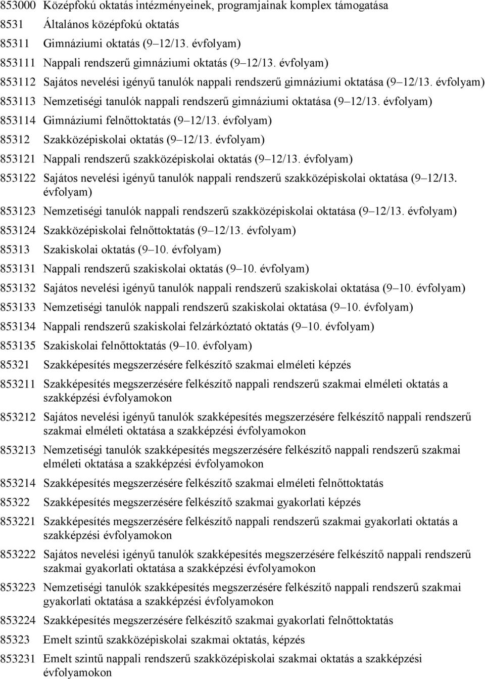 évfolyam) 853113 Nemzetiségi tanulók nappali rendszerű gimnáziumi oktatása (9 12/13. évfolyam) 853114 Gimnáziumi felnőttoktatás (9 12/13. évfolyam) 85312 Szakközépiskolai oktatás (9 12/13.