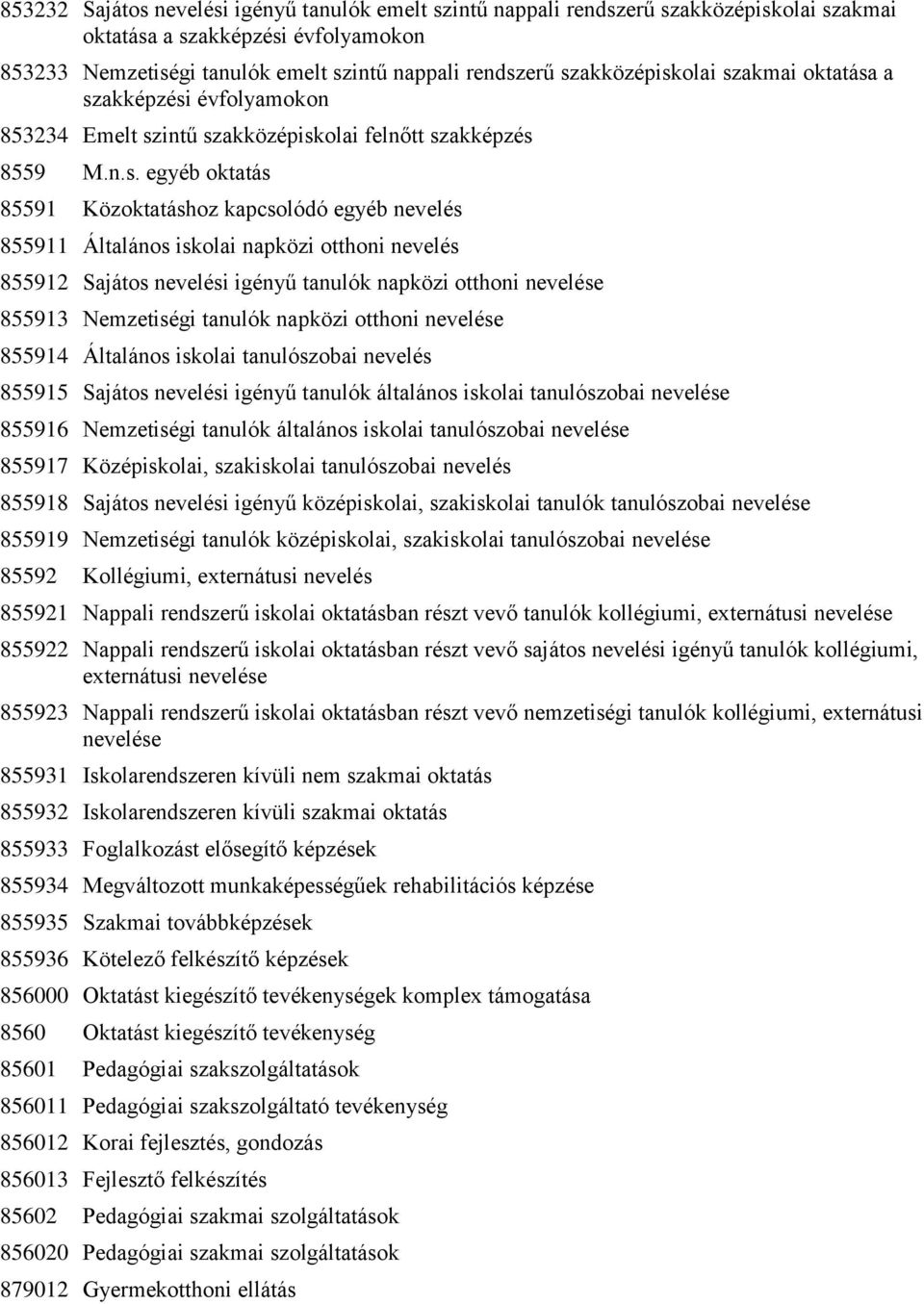 Általános iskolai napközi otthoni nevelés 855912 Sajátos nevelési igényű tanulók napközi otthoni nevelése 855913 Nemzetiségi tanulók napközi otthoni nevelése 855914 Általános iskolai tanulószobai