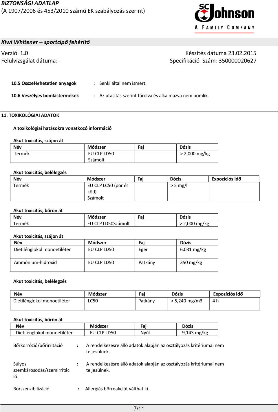 Dózis Expozíciós idő Termék EU CLP LC50 (por és köd) Számolt > 5 mg/l Akut toxicitás, bőrön át Név Módszer Faj Dózis Termék EU CLP LD50Számolt > 2,000 mg/kg Akut toxicitás, szájon át Név Módszer Faj