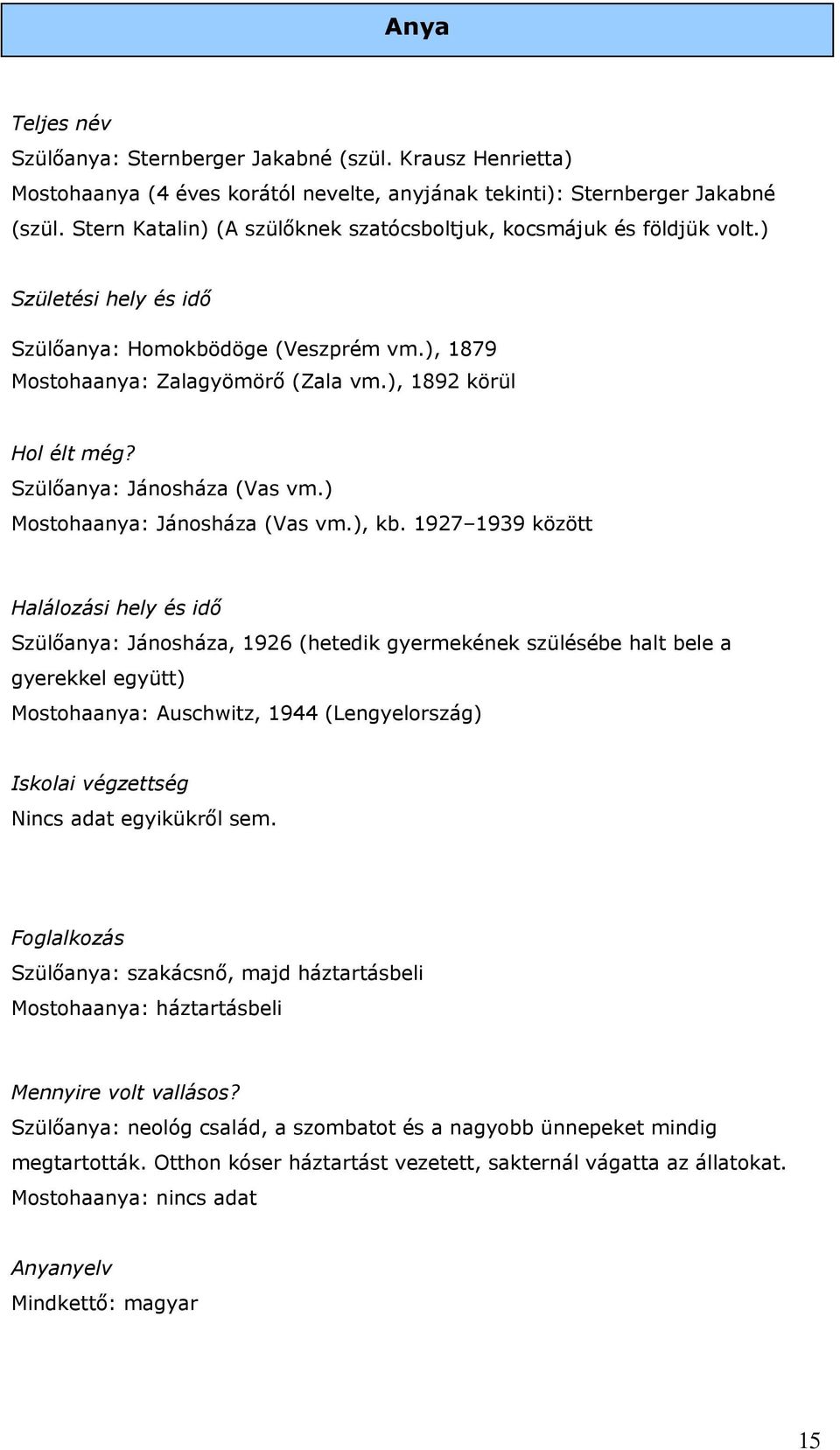 Szülőanya: Jánosháza (Vas vm.) Mostohaanya: Jánosháza (Vas vm.), kb.