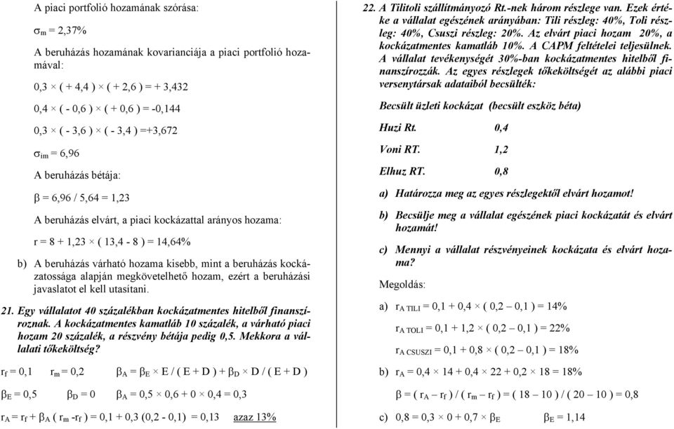 kockázaossága alapján megköveelheő hozam, ezér a beruházási javaslao el kell uasíani. 21. Egy vállalao 40 százalékban kockázamenes hielből finanszíroznak.