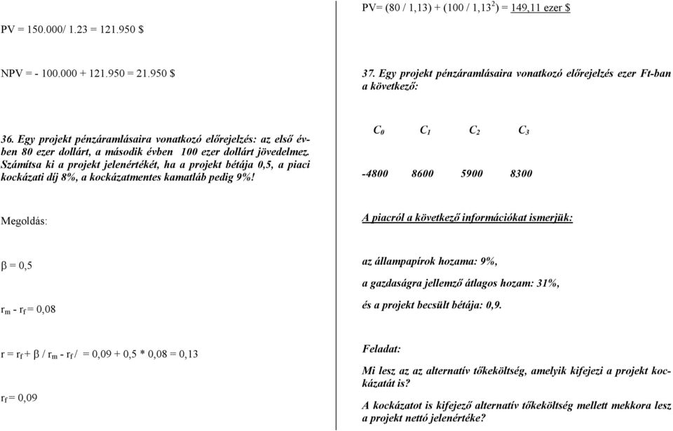 Számísa ki a projek jelenéréké, ha a projek béája 0,5, a piaci kockázai díj 8%, a kockázamenes kamaláb pedig 9%!