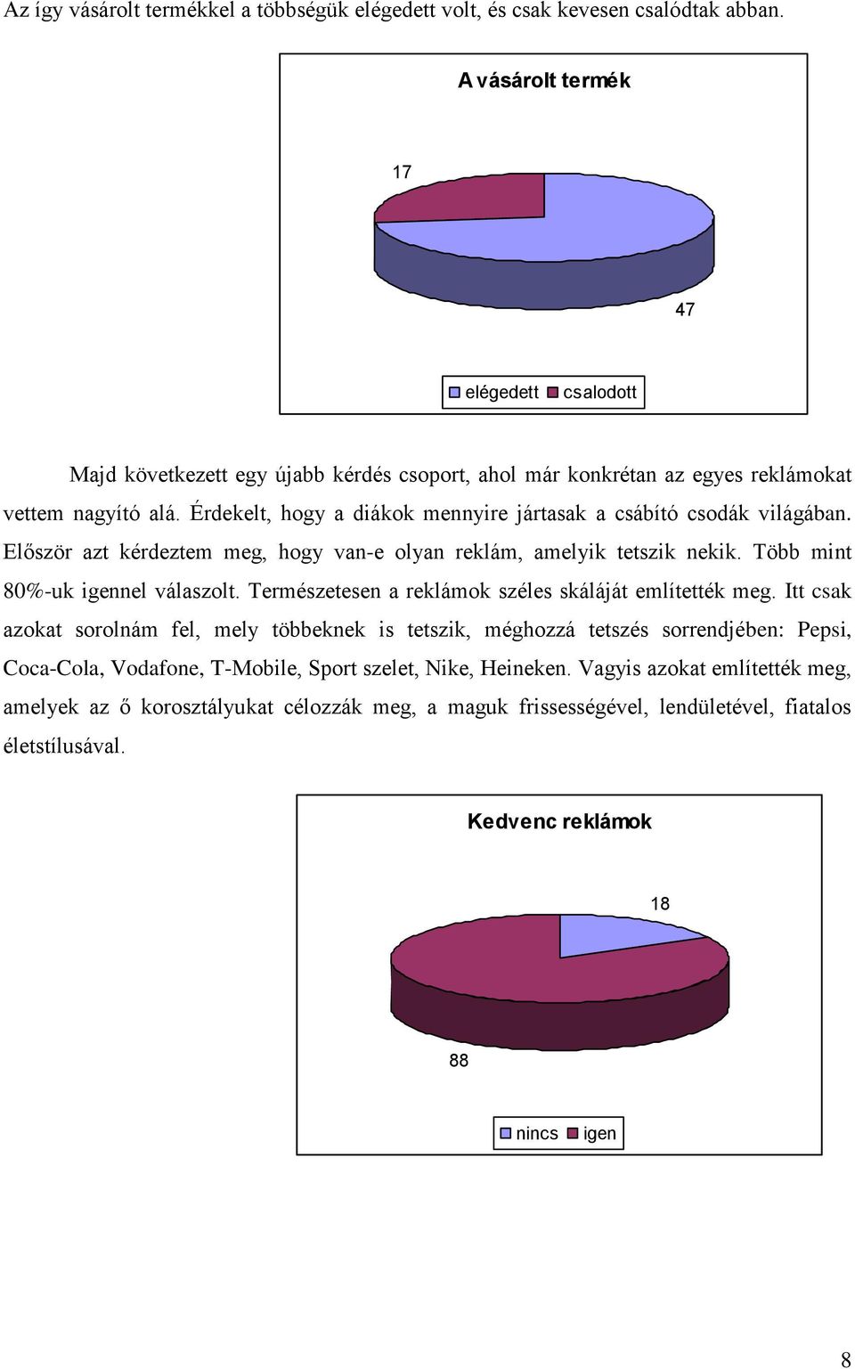 Érdekelt, hogy a diákok mennyire jártasak a csábító csodák világában. Először azt kérdeztem meg, hogy van-e olyan reklám, amelyik tetszik nekik. Több mint 80%-uk igennel válaszolt.