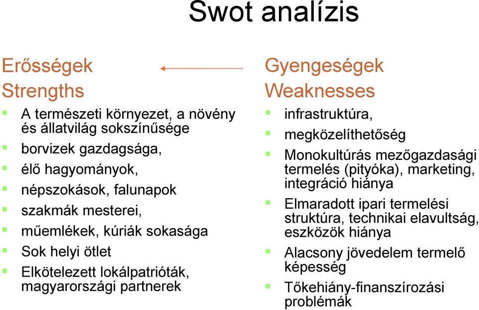 Gyengeségek Weaknesses infrastruktúra, megközelíthetőség Monokultúrás mezőgazdasági termelés (pityóka), marketing, integráció hiánya