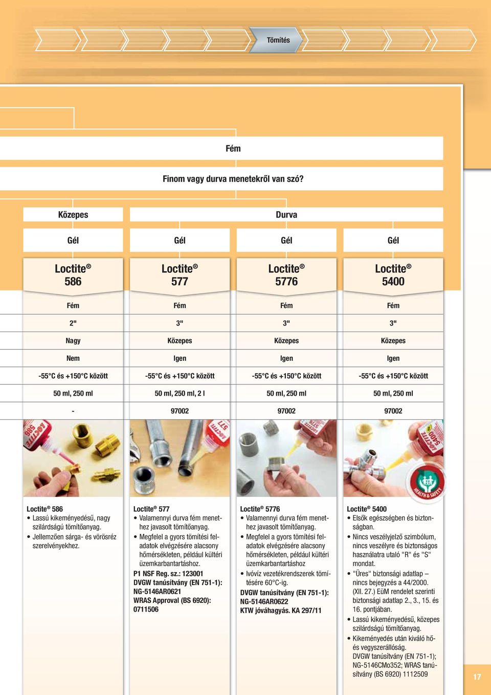 50 ml, 250 ml - 97002 97002 97002 586 Lassú kikeményedésű, nagy szilárdságú tömítőanyag. Jellemzően sárga- és vörösréz szerelvényekhez. 577 Valamennyi durva fém menethez javasolt tömítőanyag.