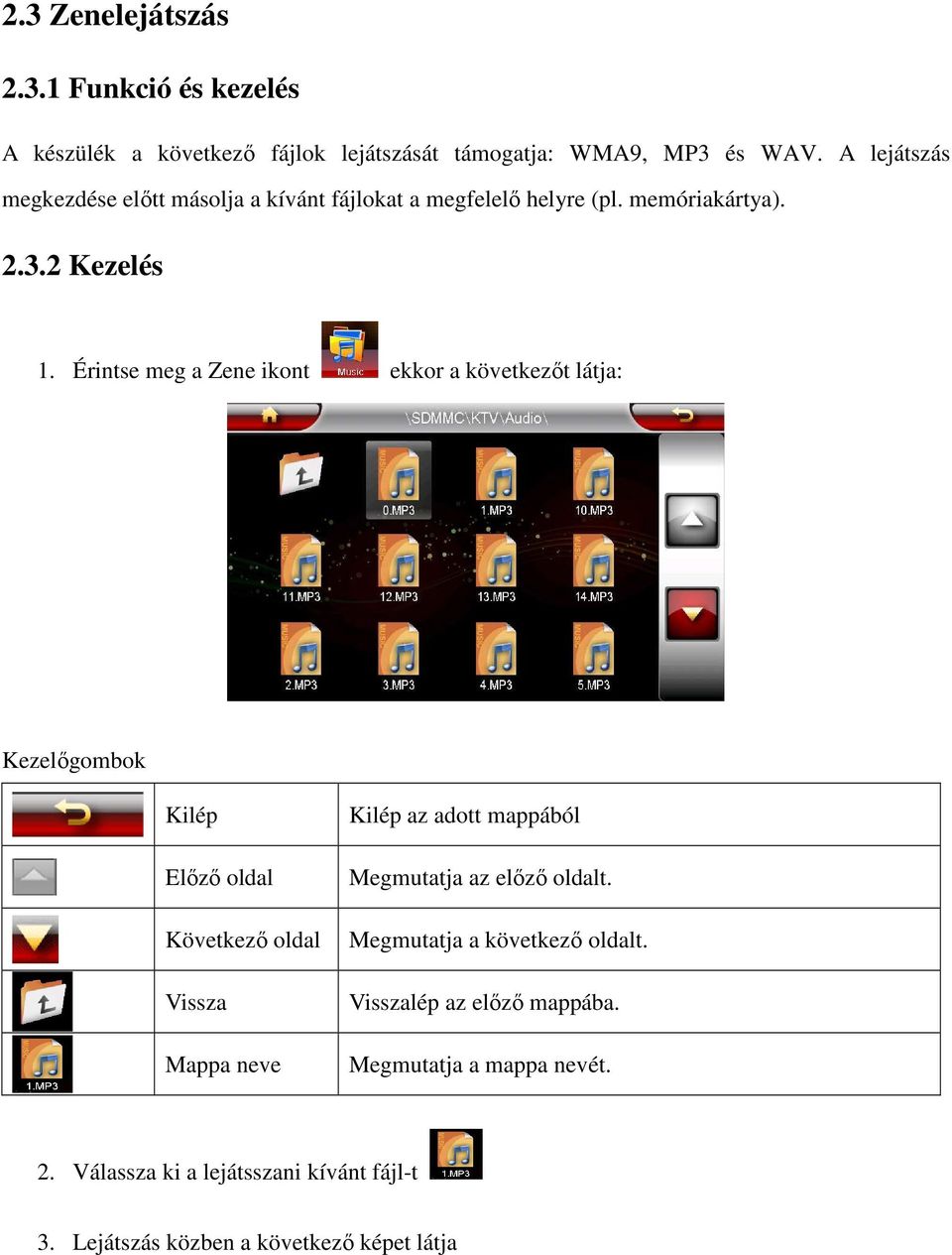 Érintse meg a Zene ikont ekkor a következőt látja: Kezelőgombok Kilép Előző oldal Következő oldal Vissza Mappa neve Kilép az adott mappából