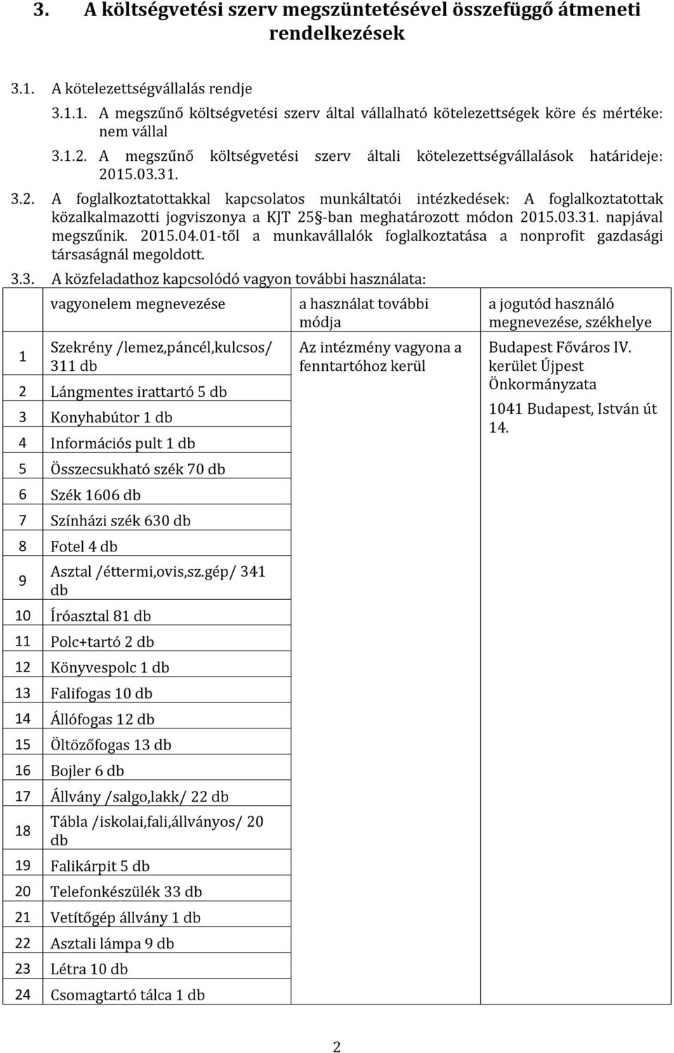 03.31. napjával megszűnik. 2015.04.01-től a munkavállalók foglalkoztatása a nonprofit gazdasági társaságnál megoldott. 3.3. A közfeladathoz kapcsolódó vagyon további használata: 1 vagyonelem