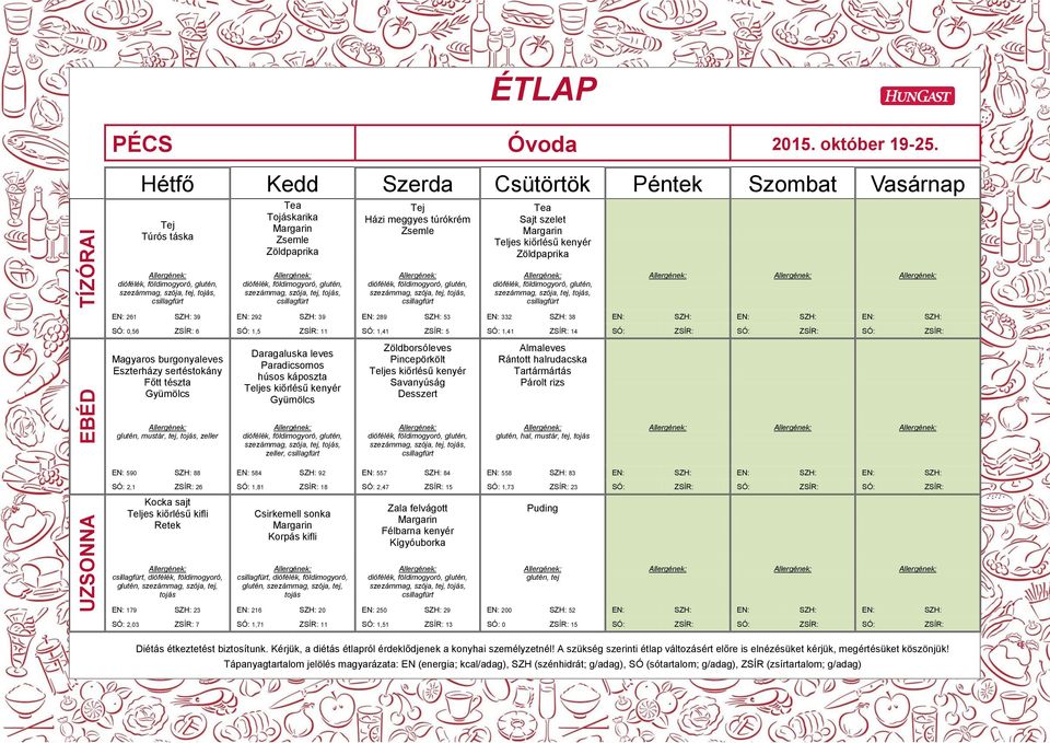 húsos káposzta zeller, Zöldborsóleves Pincepörkölt Desszert Almaleves Rántott halrudacska Tartármártás glutén, hal, mustár, tej, 590 88 584 92 557 84 558 83 2,1 26