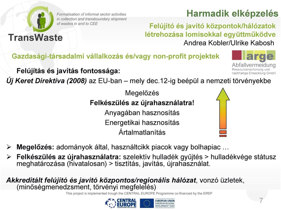 Anyagában hasznosítás Energetikai hasznosítás Ártalmatlanítás Megelőzés: adományok által, használtcikk piacok vagy bolhapiac Felkészülés az újrahasználatra: szelektív hulladék gyűjtés