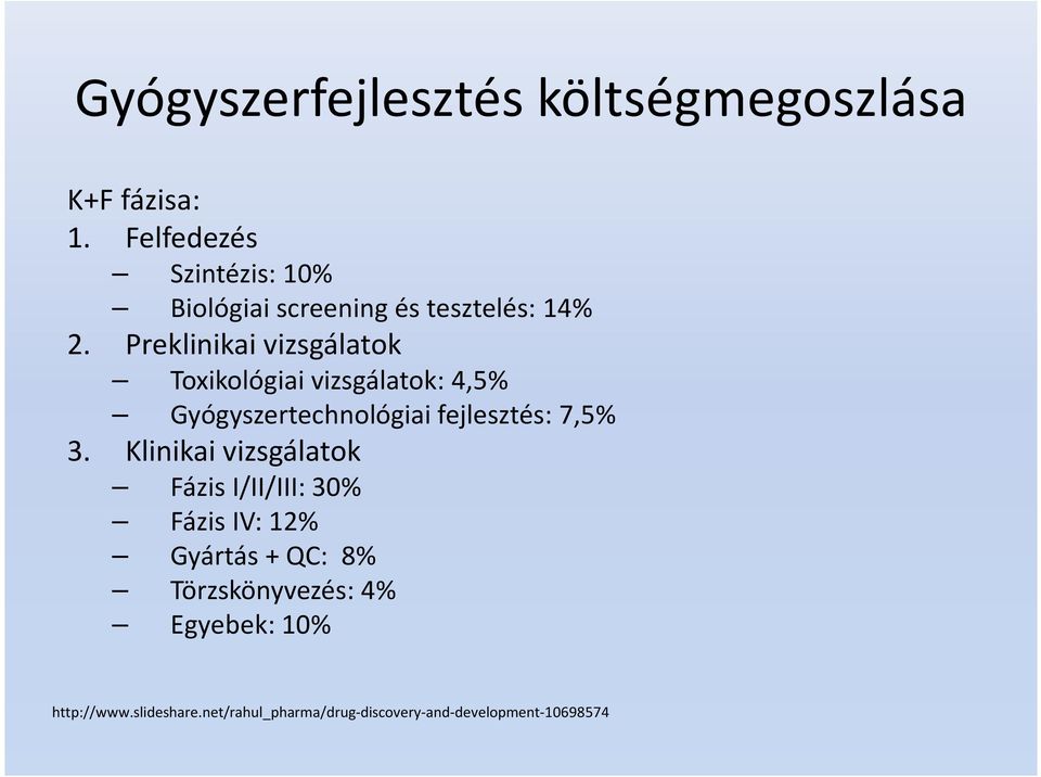 Preklinikai vizsgálatok Toxikológiai vizsgálatok: 4,5% Gyógyszertechnológiai fejlesztés: 7,5% 3.