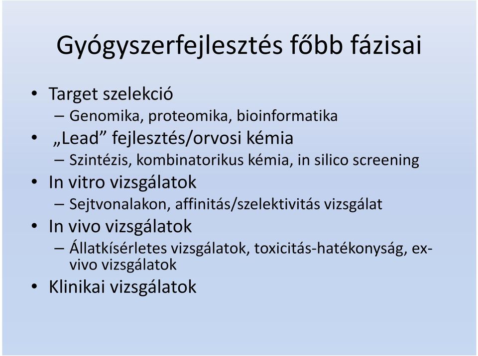 vitro vizsgálatok Sejtvonalakon, affinitás/szelektivitás vizsgálat In vivo vizsgálatok